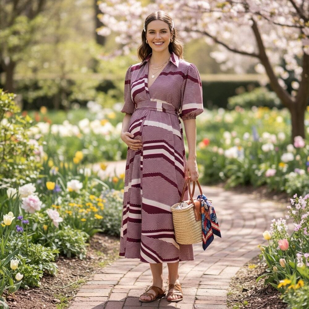 ASOS DESIGN Maternity Striped Puff‑Sleeve Belted Dress
